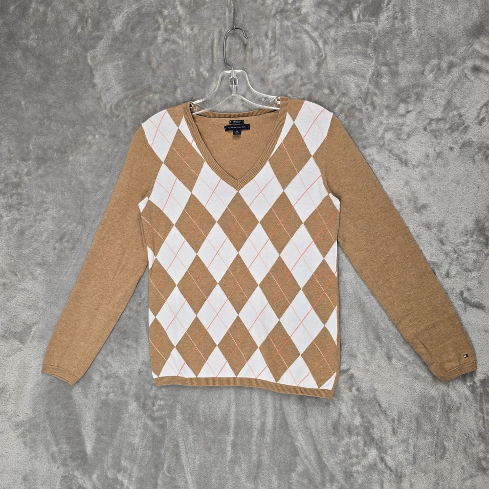 Tommy Hilfiger Sweater Top Women S Tan Argyle V-Neck Pima Cotton Heritage Preppy